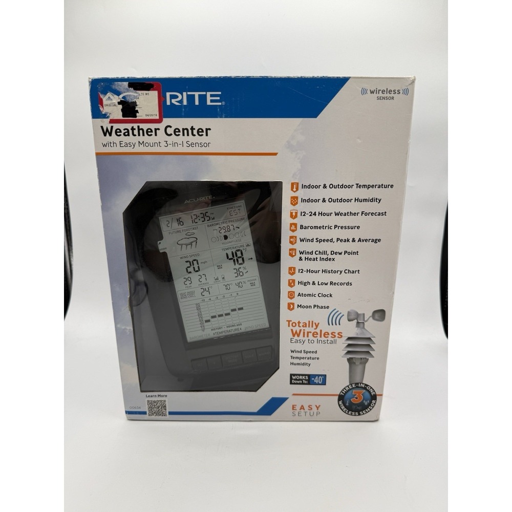 AcuRite 00634A3 Wireless Weather Station with Wind Sensor, Black -‎ New Open Box